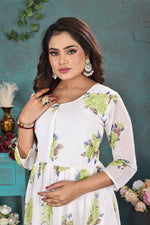 Load image into Gallery viewer, Graceful White & Green Floral Georgette Gown