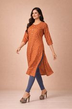 Load image into Gallery viewer, Mustard Orange Kurti Rayon Comfort with Subtle Print