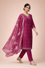Load image into Gallery viewer, Magenta Pink Color Bangalore Silk with Embroidery and Muslin Digital Print Dupatta