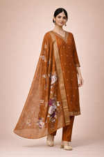 Load image into Gallery viewer, Desert Brown Bangalore Silk with Embroidery and Muslin Digital Print Dupatta