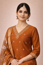 Load image into Gallery viewer, Desert Brown Bangalore Silk with Embroidery and Muslin Digital Print Dupatta