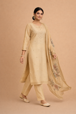 Load image into Gallery viewer, Cream Beige Bangalore Silk with Embroidery and Muslin Digital Print Dupatta