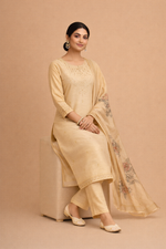 Load image into Gallery viewer, Cream Beige Bangalore Silk with Embroidery and Muslin Digital Print Dupatta