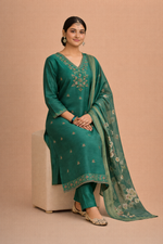 Load image into Gallery viewer, Teal Green Bangalore Silk with Embroidery and Muslin Digital Print Dupatta