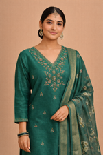 Load image into Gallery viewer, Teal Green Bangalore Silk with Embroidery and Muslin Digital Print Dupatta