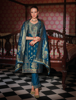Load image into Gallery viewer, Teal Banarasi Jacquard Silk Embroidered Stitched Suit Set