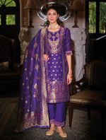 Load image into Gallery viewer, Purple Banarasi Jacquard Silk Embroidered Stitched Suit Set