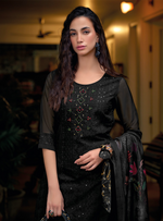 Load image into Gallery viewer, Black Schiffli Embroidered Organza Chikankari Kurta With Trousers & Dupatta