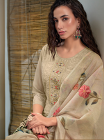 Load image into Gallery viewer, Cream Schiffli Embroidered Organza Chikankari Kurta With Trousers & Dupatta
