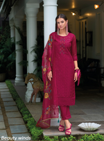 Load image into Gallery viewer, Magenta Pink Schiffli Embroidered Organza Chikankari Kurta With Trousers & Dupatta