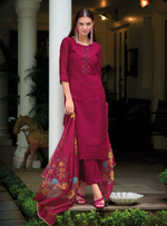 Load image into Gallery viewer, Magenta Pink Schiffli Embroidered Organza Chikankari Kurta With Trousers & Dupatta