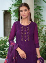 Load image into Gallery viewer, Purple Schiffli Embroidered Organza Chikankari Kurta With Trousers & Dupatta