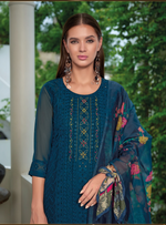 Load image into Gallery viewer, Teal Blue Schiffli Embroidered Organza Chikankari Kurta With Trousers & Dupatta