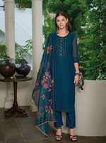 Load image into Gallery viewer, Teal Blue Schiffli Embroidered Organza Chikankari Kurta With Trousers & Dupatta