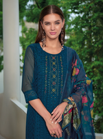 Load image into Gallery viewer, Teal Blue Schiffli Embroidered Organza Chikankari Kurta With Trousers & Dupatta