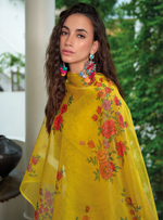 Load image into Gallery viewer, Yellow Schiffli Embroidered Organza Chikankari Kurta With Trousers & Dupatta