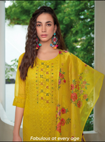Load image into Gallery viewer, Yellow Schiffli Embroidered Organza Chikankari Kurta With Trousers & Dupatta