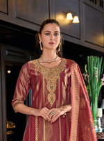 Load image into Gallery viewer, Red Banarasi Kurta with gold embroidery and floral dupatta