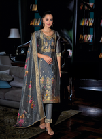 Load image into Gallery viewer, Charcoal Grey Banarasi Kurta with intricate gold motifs and printed dupatta