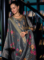 Load image into Gallery viewer, Charcoal Grey Banarasi Kurta with intricate gold motifs and printed dupatta