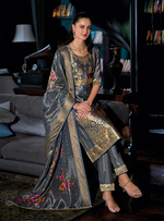 Load image into Gallery viewer, Charcoal Grey Banarasi Kurta with intricate gold motifs and printed dupatta