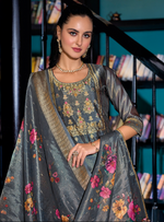 Load image into Gallery viewer, Charcoal Grey Banarasi Kurta with intricate gold motifs and printed dupatta