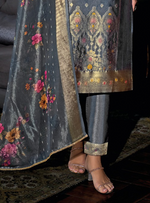 Load image into Gallery viewer, Charcoal Grey Banarasi Kurta with intricate gold motifs and printed dupatta