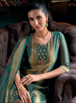 Load image into Gallery viewer, Emerald Green Banarasi Kurta with golden embroidery and floral dupatta