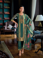 Load image into Gallery viewer, Emerald Green Banarasi Kurta with golden embroidery and floral dupatta