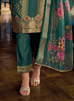 Load image into Gallery viewer, Emerald Green Banarasi Kurta with golden embroidery and floral dupatta
