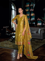 Load image into Gallery viewer, Mustard Yellow Banarasi Kurta with elegant gold patterns and floral dupatta