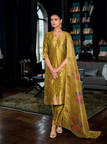 Load image into Gallery viewer, Mustard Yellow Banarasi Kurta with elegant gold patterns and floral dupatta