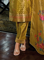 Load image into Gallery viewer, Mustard Yellow Banarasi Kurta with elegant gold patterns and floral dupatta
