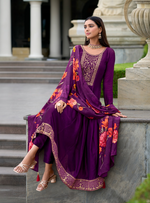 Load image into Gallery viewer, Purple Anarkali Style Dress with Jari & Sequence Work with Trousers & Dupatta