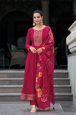 Load image into Gallery viewer, Pink Anarkali Style Dress with Jari & Sequence Work with Trousers & With Dupatta