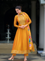 Load image into Gallery viewer, Yellow Anarkali Style Dress with Jari & Sequence Work with Trousers & With Dupatta