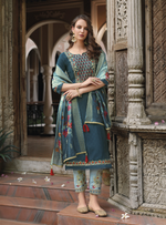 Load image into Gallery viewer, Teal Blue Viscose Kurtis with Jacquard Digital Dupatta.