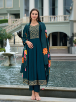 Load image into Gallery viewer, Teal Blue Anarkali Style Dress with Jari & Sequence Work with Trousers & With Dupatta