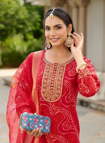 Load image into Gallery viewer, Red Berlin Foil suit with detailed embroidery and a Soft Organza Dupatta.