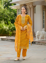 Load image into Gallery viewer, Mustard Yellow Berlin Foil Ensemble with Subtle Embroidery and An Airy Organza Dupatta