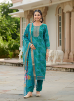 Load image into Gallery viewer, Fresh and Vibrant Turquoise with Delicate Embroidery and a Floral Organza Dupatta