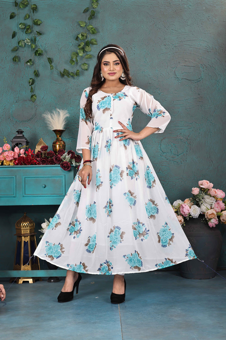 Chic White & Blue Floral Georgette Gown