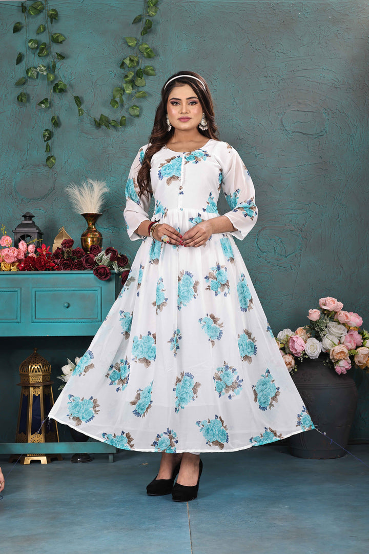Chic White & Blue Floral Georgette Gown