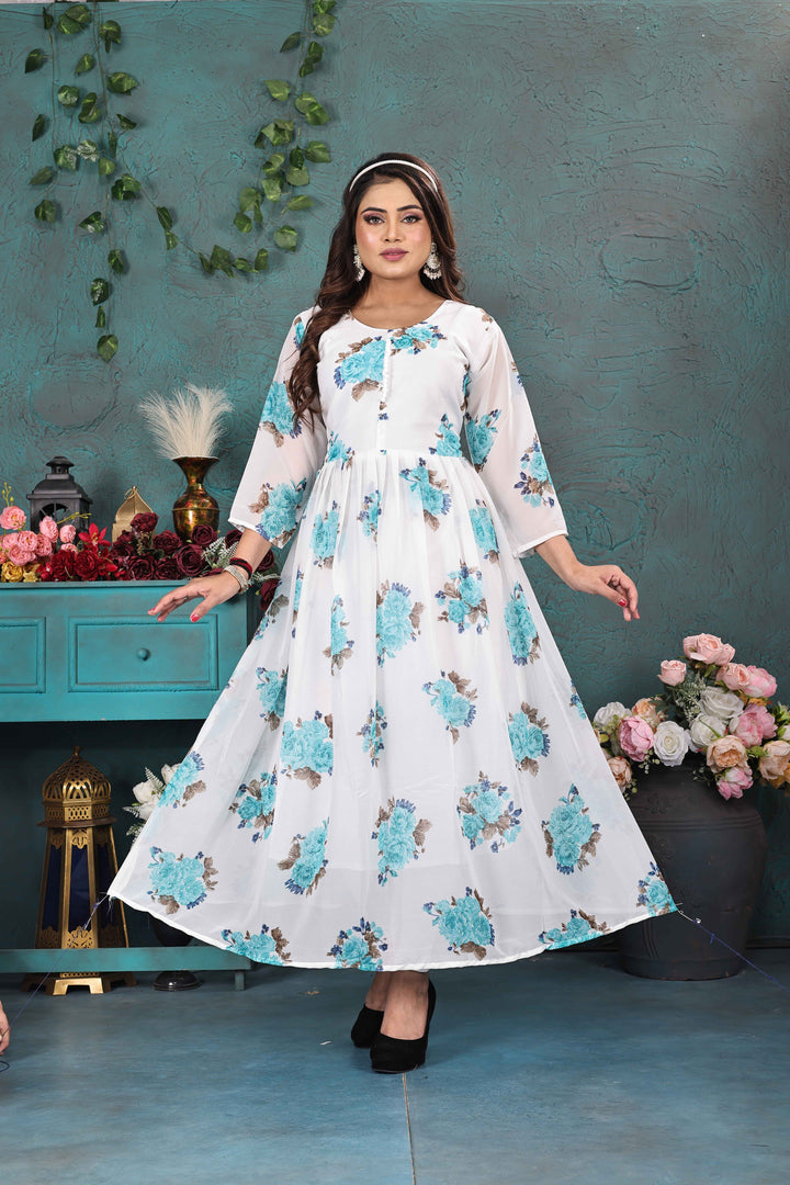 Chic White & Blue Floral Georgette Gown