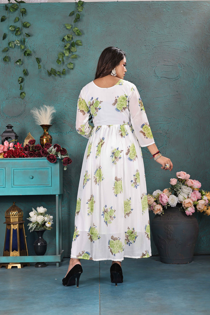 Graceful White & Green Floral Georgette Gown