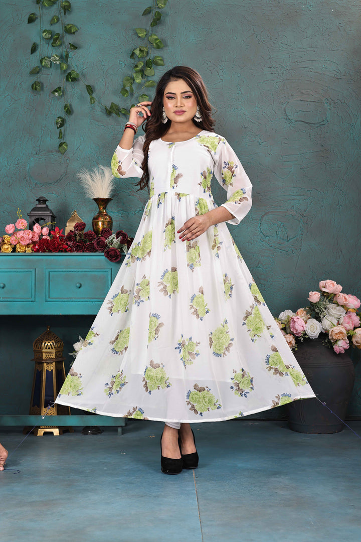 Graceful White & Green Floral Georgette Gown