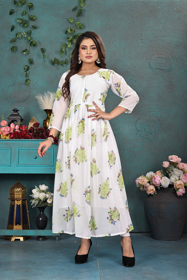 Graceful White & Green Floral Georgette Gown