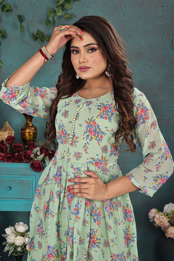 Pastel Green Floral Georgette Gown