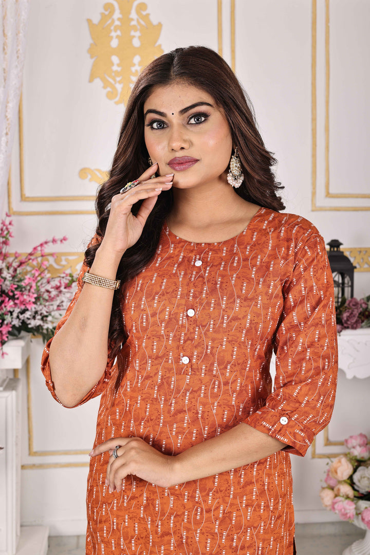 Mustard Orange Kurti Rayon Comfort with Subtle Print