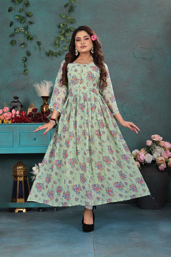Pastel Green Floral Georgette Gown